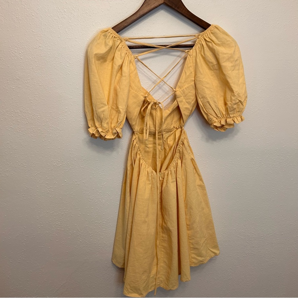 Mable Yellow Strappy Open Back Puff Sleeve Mini Dress - Picture 11 of 12